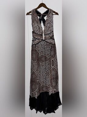 MANDALAY Grey Leopard Black Brown Silk Sleeveless Maxi Evening Dress‎ Size 8 NEW